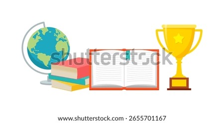 Globe, books and golden trophy with star for education and knowledge concept