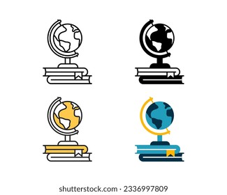 globe and books icon vector design in 4 style line, glyph, duotone, and flat