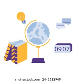 Globe with books and light bulb. Vector illustration in flat style with education theme. Editable vector illustration.