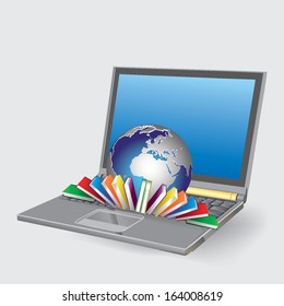 globo e livros em um laptop. concepção de e-learning no mundo. ilustração vetorial