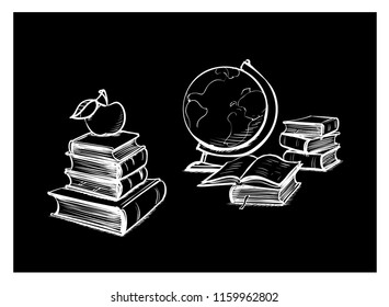 globe and books textbooks, school apple vector illustration