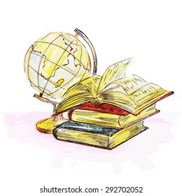 Globe and books watercolor vector