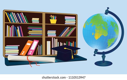 Globe, bookshelves in the laptop screen, academic cap - art vector Concept of Online Education