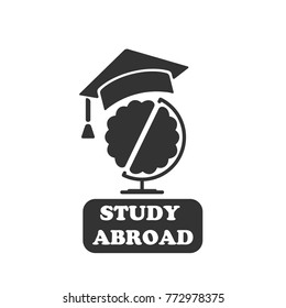 Globe with brain in graduate cap . Vector business illustration. Education icon. Font STUDY ABROAD logo. Concept abstract contour in the form of a student