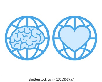 
Globe and brain icon, globe and heart icon. Live planet Earth with mind and heart, concept. Vector illustration, flat style. Isolated on white background. 