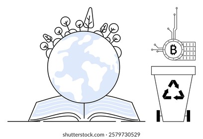 A globe with branches and leaves emerging from a book, a recycling bin, and a Bitcoin symbol. Ideal for education, sustainability, technology, digital economy, environmental awareness. Modern vector