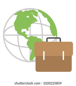 
Globe with briefcase, global business flat icon

