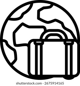 Icono del maletín del globo, Vector blanco y negro del icono del contorno.
