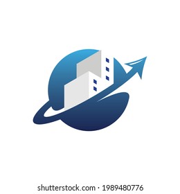Globe Building Up Arrow Logo Design
