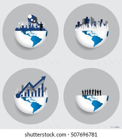 Globe and building with businessman, can use for business concept. Vector illustration.