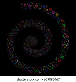 Globe burst concentric spiral. Vector bright multicolored random icons.