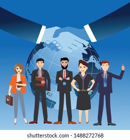 Globe and busenessmen characters standing in front of earth globe, handshake showing agreement and teamwork on blue background. Teamwork vector