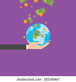 globe in business hands, money, vector