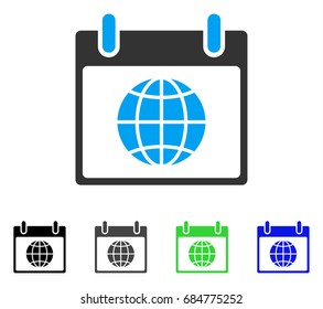 Globe Calendar Day flat vector pictogram. Colored globe calendar day gray, black, blue, green icon versions. Flat icon style for web design.