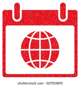 Globe Calendar Day grainy textured icon for overlay watermark stamps. Flat symbol with unclean texture. Dotted vector red ink rubber seal stamp with grunge design on a white background.