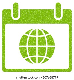 Globe Calendar Day grainy textured icon for overlay watermark stamps. Flat symbol with dirty texture. Dotted vector eco green ink rubber seal stamp with grunge design on a white background.