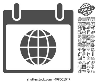Globe Calendar Day icon with bonus calendar and time management clip art. Vector illustration style is flat iconic symbols, gray, white background.