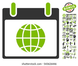 Globe Calendar Day icon with bonus calendar and time management symbols. Vector illustration style is flat iconic symbols, eco green and gray, white background.