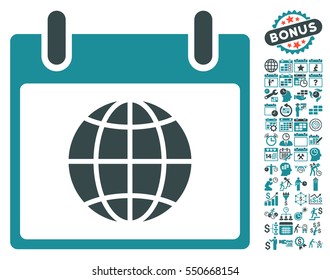 Globe Calendar Day icon with bonus calendar and time management symbols. Vector illustration style is flat iconic symbols, soft blue, white background.