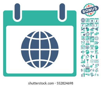Globe Calendar Day icon with bonus calendar and time management symbols. Vector illustration style is flat iconic symbols, cobalt and cyan, white background.