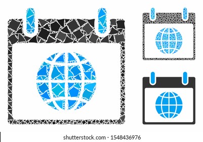 Globe calendar day mosaic of rough items in various sizes and color tints, based on globe calendar day icon. Vector rough items are composed into illustration.