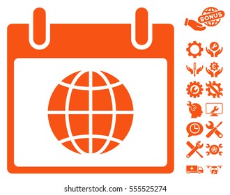 Globe Calendar Day pictograph with bonus settings clip art. Vector illustration style is flat iconic symbols, orange, white background.