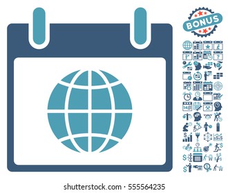 Globe Calendar Day pictograph with bonus calendar and time management pictograph collection. Vector illustration style is flat iconic symbols, cyan and blue, white background.