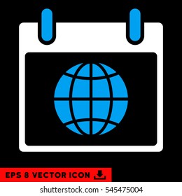 Globe Calendar Page icon. Vector EPS illustration style is flat iconic bicolor symbol, blue and white colors.