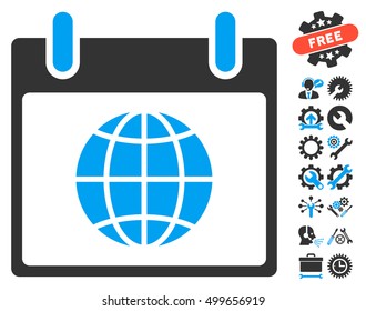 Globe Calendar Page pictograph with bonus tools graphic icons. Vector illustration style is flat iconic symbols, blue and gray, white background.
