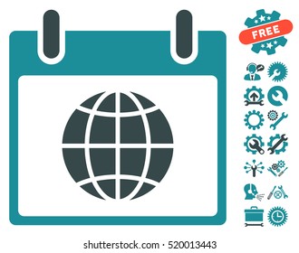 Globe Calendar Page pictograph with bonus service symbols. Vector illustration style is flat iconic symbols, soft blue, white background.