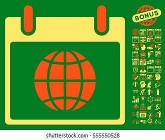 Globe Calendar Page pictograph with bonus calendar and time management design elements. Vector illustration style is flat iconic symbols, orange and yellow, green background.