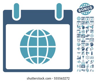 Globe Calendar Page pictograph with bonus calendar and time management pictures. Vector illustration style is flat iconic symbols, cyan and blue, white background.