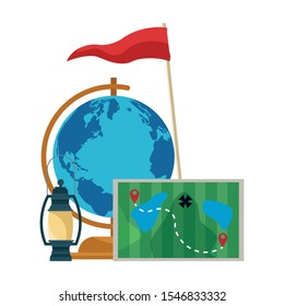 globe with camping lantern and map over white background, vector illustration
