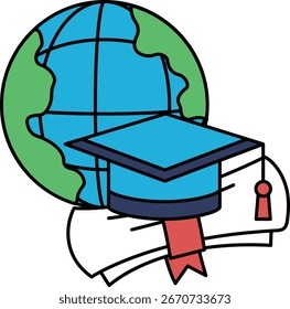 Un globo terráqueo con una gorra y un libro. El globo está rodeado por una cinta. Concepto de educación y aprendizaje