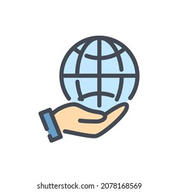 Globe care color line icon. Hand holding the planet vector outline colorful sign.