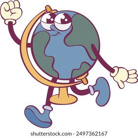 Globe cartoon character retro groovy mascot
