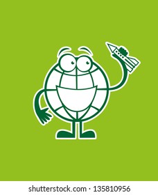 Globe cartoon character with a rocket in his hand
