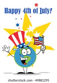 Globe Cartoon Characters with American Patriotic Hat And Flag