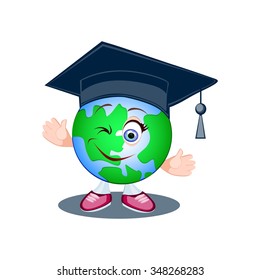 globe cartoon, student cap, vector