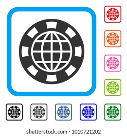 Globe Casino Chip icon. Flat gray iconic symbol inside a blue rounded rectangle. Black, grey, green, blue, red, orange color versions of globe casino chip vector. Designed for web and software UI.