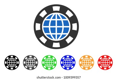 Globe Casino Chip icon. Vector illustration style is a flat iconic globe casino chip symbol with gray, yellow, green, blue, red, black color versions. Designed for web and software interfaces.