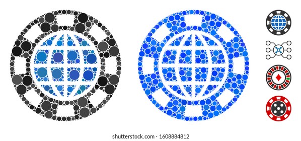 Globe casino chip mosaic of filled circles in variable sizes and color hues, based on globe casino chip icon. Vector small circles are united into blue mosaic.