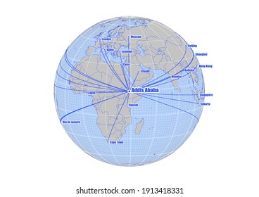 Globe centered to Addis Ababa, Ethiopia. Vector map showing Addis Ababa, Ethiopia's position on the world map, and its connections with other major cities. Map suitable for digital editing and prints