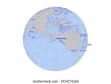 Globe centered to Anchorage, United States of America. Vector map showing Anchorage, United States of America's position on the world map, and its connections with other major cities. 