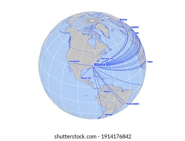 Globe centered to Atlanta, United States of America. Vector map showing Atlanta, United States of America's position on the world map, and its connections with other major cities.