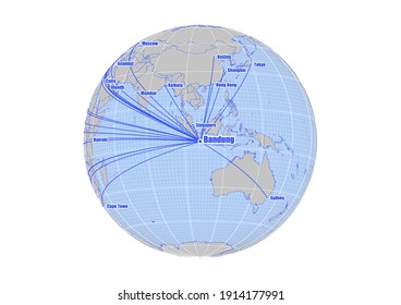 El globo se centró en Bandung, Indonesia. Mapa de vectores que muestra a Bandung, la posición de Indonesia en el mapa del mundo y sus conexiones con otras ciudades importantes. Mapa adecuado para edición e impresión digital