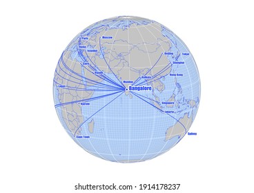 Globe centered to Bangalore, India. Vector map showing Bangalore, India's position on the world map, and its connections with other major cities. Map suitable for digital editing and printing