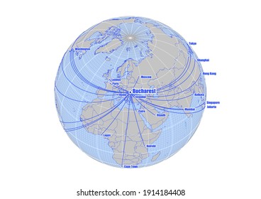 Globe centered to Bucharest, Romania. Vector map showing Bucharest, Romania's position on the world map, and its connections with other major cities. Map suitable for digital editing and printing