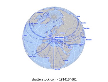 Globe centered to Budapest, Hungary. Vector map showing Budapest, Hungary's position on the world map, and its connections with other major cities. Map suitable for digital editing and printing