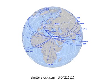 Globe centered to Cairo, Egypt. Vector map showing Cairo, Egypt's position on the world map, and its connections with other major cities. Suitable for digital editing and printing.